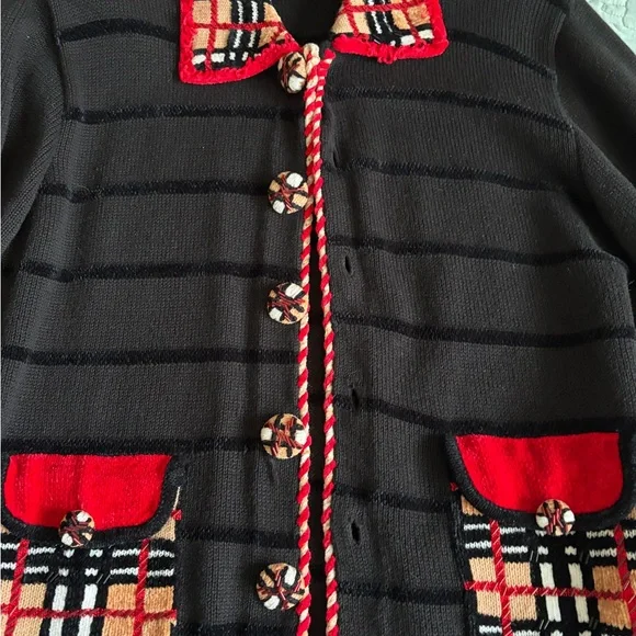 Black Cardigan with Red and Plaid Accents - Picture 2 of 6